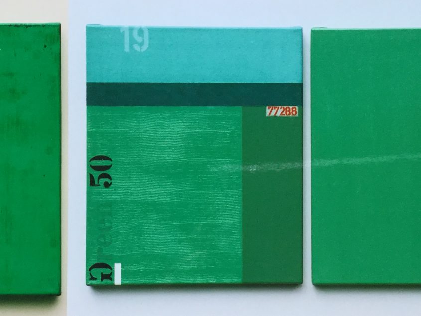 Museum Forum Konkrete Kunst Jena. Thomas P. Kausel.Sammlung: 3teilige Arbeit Öl auf Leinwand in grün. je 60 x 50 cm